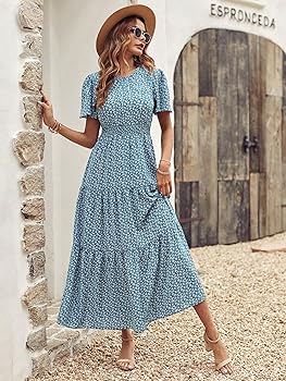 LXXWMxBH Women 2024 Summer Short Sleeve Dress Round Neck